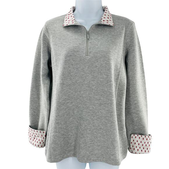 ORVIS Gray Heather Knit Pullover 1/4 Zip Contrast Red Floral Trim Top M - Picture 1 of 11